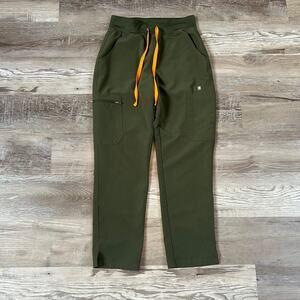FIGS Technical Collection Jogger Scrub Pants Olive Green Orange Tie Size S